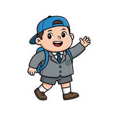 Obraz premium Happy Boy Wearing A School Uniform And A Blue Cap With A Backpack Waving His Hand On A Black Background