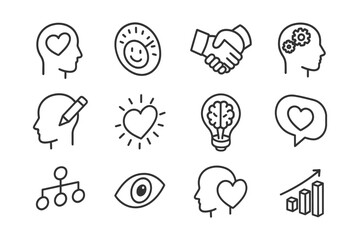 Collection of line icons: human head, handshake, heart, brain, sun, eye, growth.