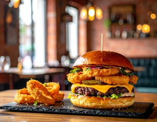 Mouthwatering burger, cheese, onion rings, pickles, lettuce, and bun