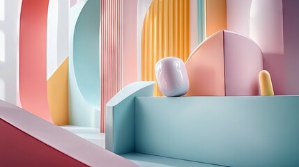 An abstract composition featuring geometric shapes in various pastel colors, creating a visually interesting and modern design.