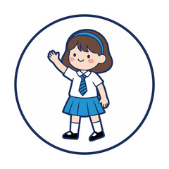 Cute cartoon girl wearing a white shirt blue tie and blue pleated skirt waving hello in a simple circular frame with white background