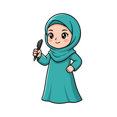 Cute Cartoon Girl Wearing Teal Hijab and Dress Holding a Pen in a Studio Setting