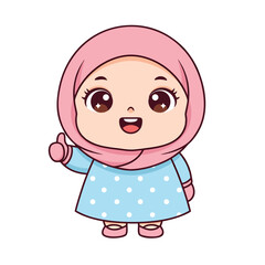 Cute Cartoon Girl Wearing Pink Hijab and Blue Polka Dot Dress Giving Thumbs Up