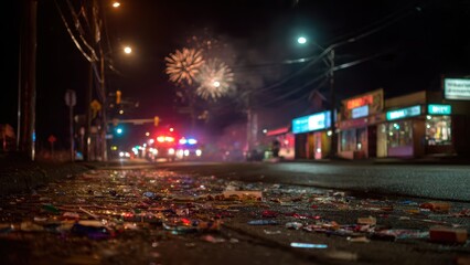 Fototapeta premium Vibrant urban night scene with fireworks and city street celebration debris