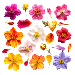Assorted vibrant, colorful flowers and petals on a black background