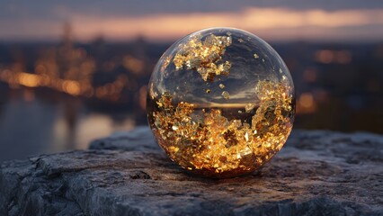 Glowing crystal sphere on rocky surface with scenic cityscape background at dusk