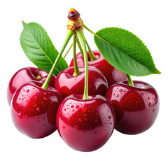 Bunch of glossy red cherries with green leaves on a black background