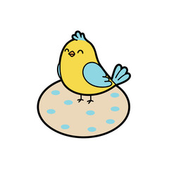 Cute Yellow Bird with Blue Wings Sitting on a Round Light Brown Surface with Blue Dots Minimalist Flat Vector Art