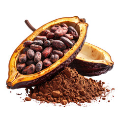 Cacao pod open, beans inside with cocoa powder, earthy brown tones