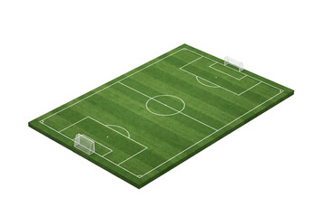 Isometric view of an empty soccer field with white markings on green grass, sports facility layout for game strategy, training design, and stadium planning visuals