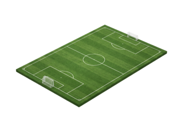Isometric view of an empty soccer field with white markings on green grass, sports facility layout for game strategy, training design, and stadium planning visuals