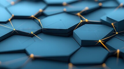 Abstract image of blue hexagon shapes connected by golden lines and dots, creating a network or data connection concept.