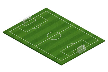 Empty soccer field with white markings and two goals seen from isometric high angle on bright day, sports facility layout for game strategy, coaching resources and training design concepts