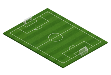Empty soccer field with white markings and two goals seen from isometric high angle on bright day, sports facility layout for game strategy, coaching resources and training design concepts