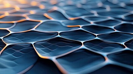 An abstract image showing a hexagonal pattern with wavy lines and a glowing effect, creating a sense of depth and movement.