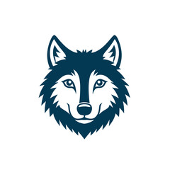 Deep Blue Wolf Head Emblem Isolated on Black Background Fierce Majestic Wild Animal Portrait Detailed Stylized Graphic Design