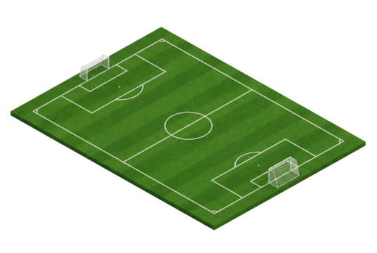 Empty soccer field with white markings and two goals seen from isometric high angle on bright day, sports facility layout for game strategy, coaching resources and training design concepts