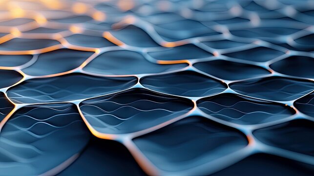 An abstract image showing a hexagonal pattern with wavy lines and a glowing effect, creating a sense of depth and movement.