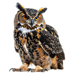 Great horned owl with sharp gaze, detailed feathers
