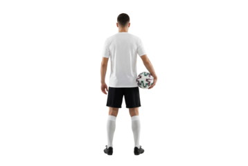 Soccer player holding ball from behind on white background, athlete in uniform standing with copy space for sports branding mockup and team training or competition concept