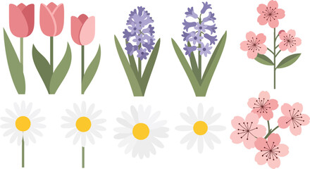 Cute spring garden flower collection in pastel flat vector style, ideal for greeting cards, stickers, and seasonal design