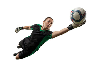 Female soccer goalkeeper diving to make a one-handed save in studio on white background, athletic action and competitive sports training concept for fitness and team spirit