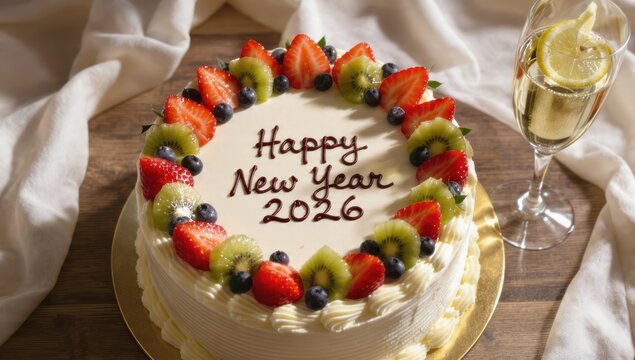 Festive new year cake with fresh fruit and knife featuring "happy new year 2026" message - Powered by Adobe