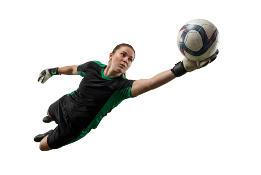 Female soccer goalkeeper diving to make a one-handed save in studio on white background, athletic action and competitive sports training concept for fitness and team spirit