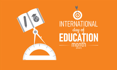 International Day of Education Poster Banner and Background Design Template Featuring Books Students and Globe Illustration for Global Learning Literacy School Celebration and Academic Awareness