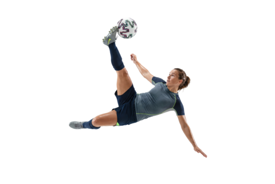Female soccer player performing acrobatic bicycle kick in midair on white background, athletic action and football skill for sports training, competition and youth inspiration - Powered by Adobe