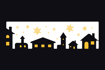 Vector illustration of a spooky, dark Halloween night city silhouette with a cartoon haunted house, black tree, moon, and stars in the sky