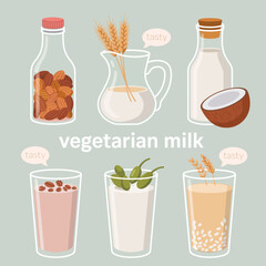 An assortment of delicious vegetarian milk alternatives is featured in stylish jars, representing a modern and healthy lifestyle choice for those seeking plant-based options.