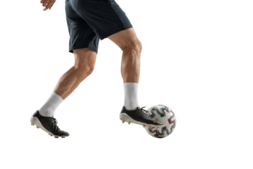 Male soccer player dribbling a ball in studio on white background, athletic legs in motion with cleats and socks for training, fitness and sports performance concepts