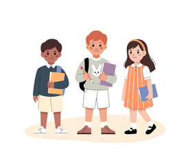 Fototapeta premium A cheerful illustration depicting three diverse children with backpacks and books, embodying the excitement and anticipation of starting a school day and learning adventure.