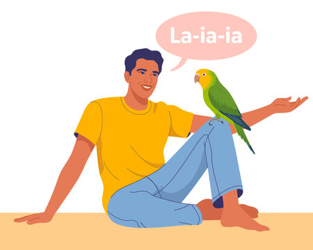 A delightful illustration that portrays a young man casually interacting with a parrot on his hand, evoking feelings of companionship, relaxation, and enjoyment of nature.