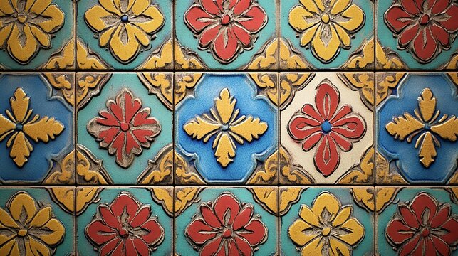 Closeup of colorful, ornate, vintage ceramic or clay decorative tiles featuring intricate floral and geometric patterns in blue, red, and yellow