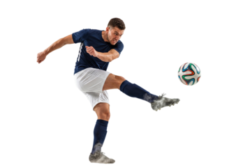 Male soccer player kicking ball in studio action shot on white background, athletic fitness and competitive sports training with power and focus for team game promotion