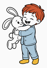 A joyful illustration of a young boy hugging a cuddly toy bunny, capturing the essence of childhood innocence, happiness, and the comforting bond between children and toys.