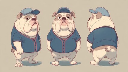 Cartoon bulldog in baseball uniform: front, side, and back view character design