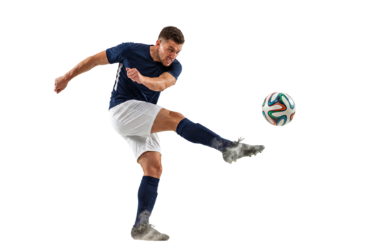 Male soccer player kicking ball in studio action shot on white background, athletic fitness and competitive sports training with power and focus for team game promotion