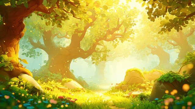 Enchanting sunlit forest path with lush greenery and magical glow