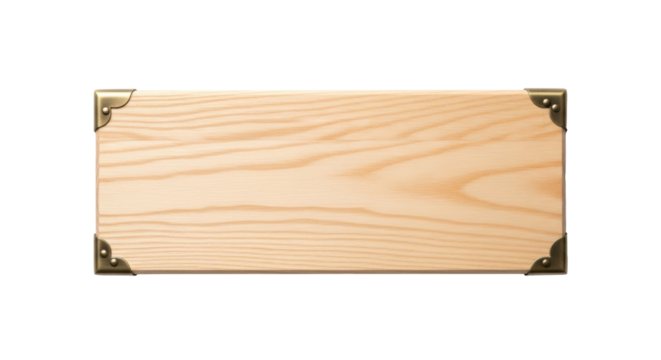 Blank horizontal wooden plaque with natural wood grain, antique brass corner protectors, isolated on a transparent background with copy space, concept of a blank canvas for design - Powered by Adobe