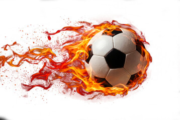 Fototapeta premium Soccer ball blazing with dynamic flames on dark grunge background, high-energy sports concept for competition, speed and goal scoring excitement in advertising and fan promotion