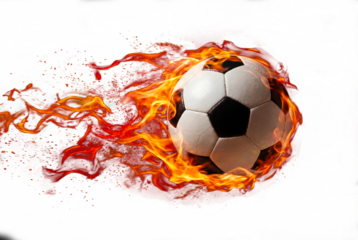 Soccer ball blazing with dynamic flames on dark grunge background, high-energy sports concept for competition, speed and goal scoring excitement in advertising and fan promotion