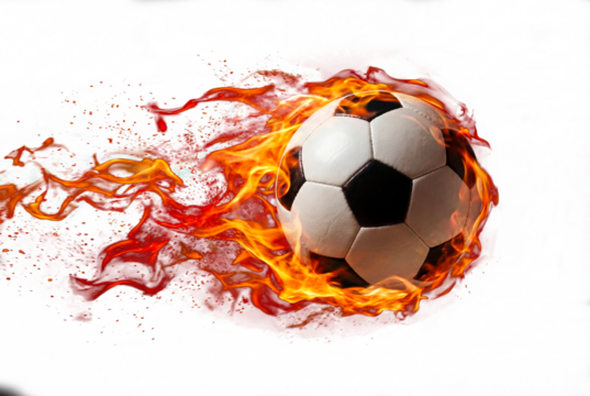 Soccer ball blazing with dynamic flames on dark grunge background, high-energy sports concept for competition, speed and goal scoring excitement in advertising and fan promotion