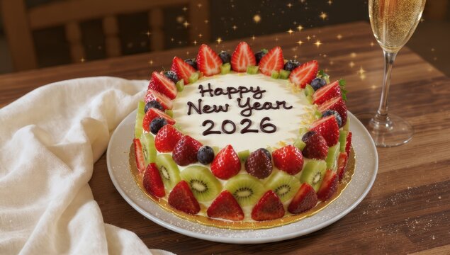 Festive fruit cake with happy new year 2026 message and sparkling wine glass
