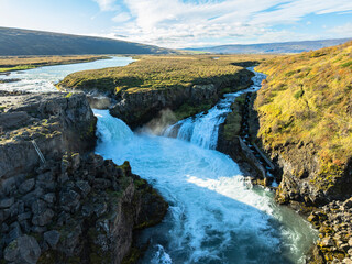 Aerial view of a river around the Barnafoss falls in Iceland