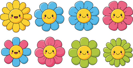 Playful cartoon flower icons with smiling faces in bright flat vector style for kids projects and fun designs