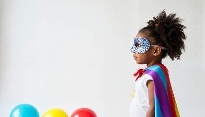 Young black girl wearing superhero costume and mask with balloons