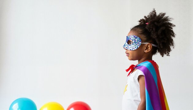 Young black girl wearing superhero costume and mask with balloons - Powered by Adobe